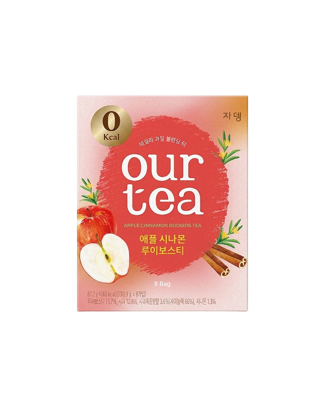 A package of Our Tea Apple Cinnamon Flavored Tea, featuring a pink and red box with illustrations of an apple, cinnamon sticks, and a gold '0 kcal' badge, set against a plain white background.