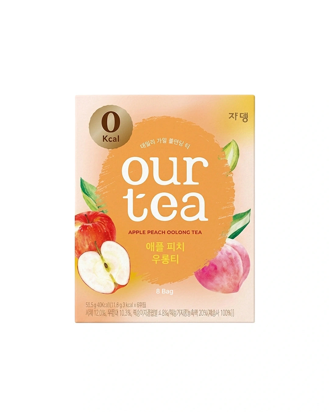 A package of Our Tea Apple Peach Oolong Tea, featuring a peach and orange gradient box with illustrations of a red apple, a sliced apple, and peaches, on a plain white background.