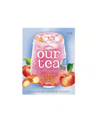 A package of Rousselque Our Tea Flat Peach Cold Brew Tea, featuring a pink beverage can graphic with peaches and green leaves on a light blue background.