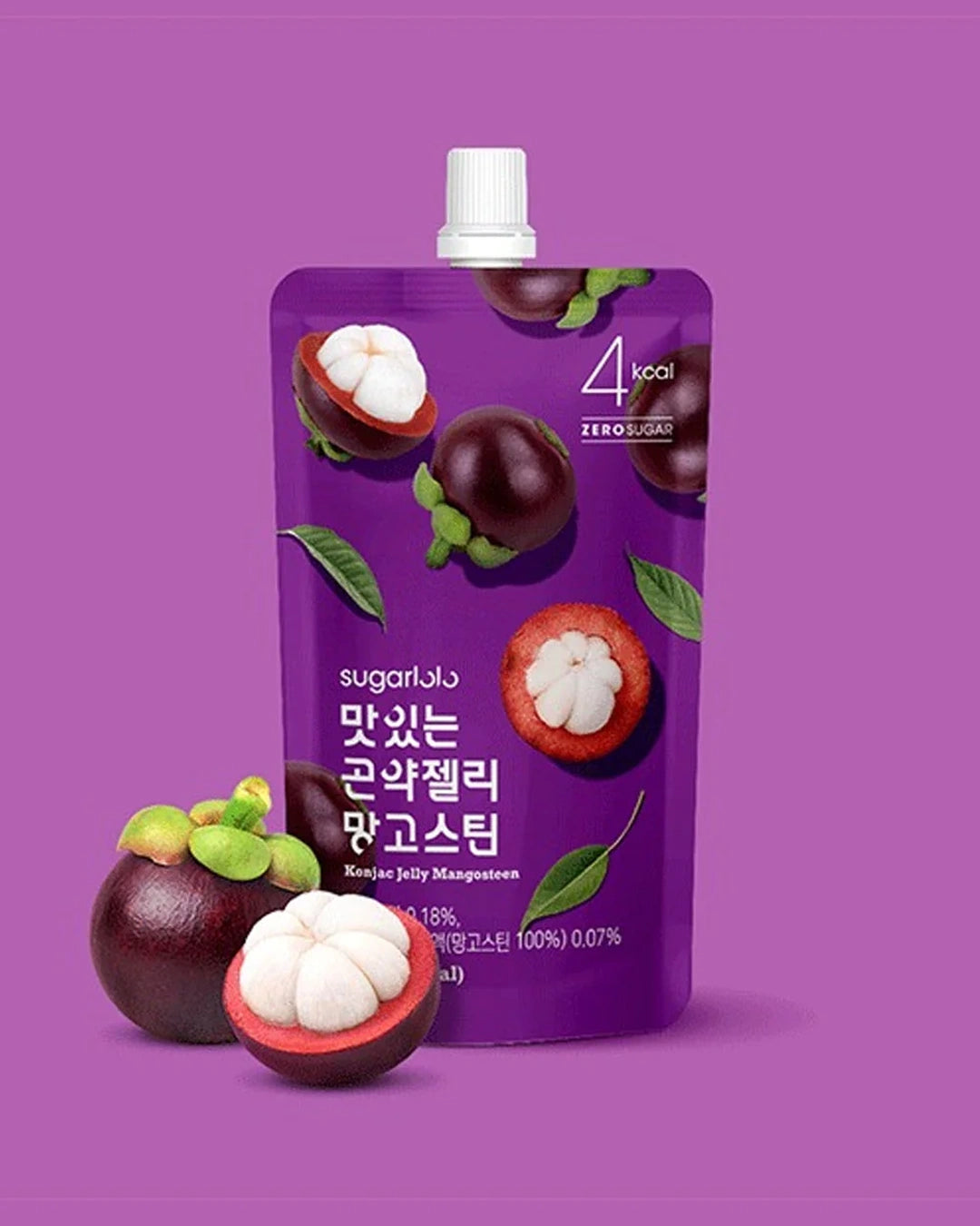A purple stand-up pouch of sugarbado mangosteen soft drink with a white cap, shown on a solid purple background with whole and sliced mangosteen fruits in front.