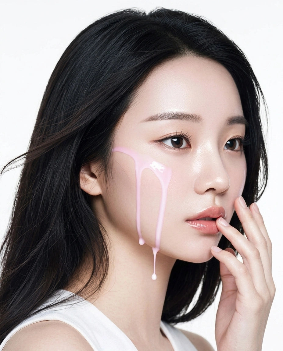 A close-up portrait of a woman with long black hair, wearing a white sleeveless top, with pink cream or serum dripping down her cheek against a clean white background.