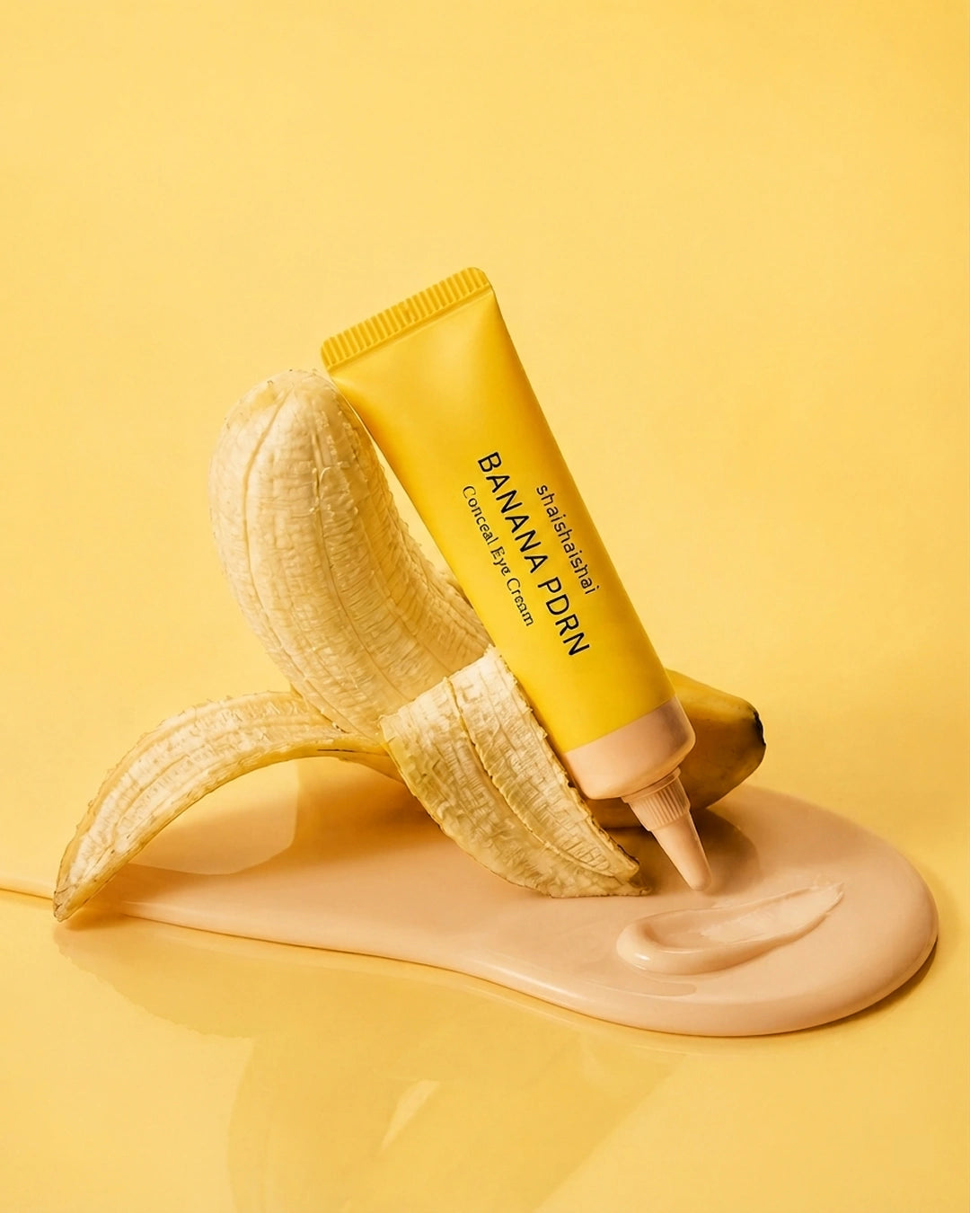 A yellow squeeze tube labeled BANANA PORN and 'KOREAN SKIN CARE' is styled with a peeled banana and a smear of beige cream on a yellow background.