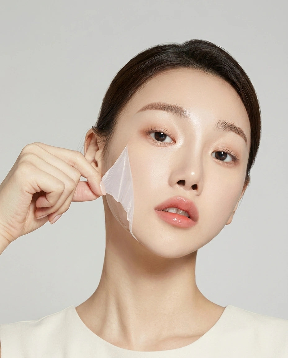 A close-up of a woman peeling a translucent, skin-like cosmetic sheet from her cheek against a light gray background.