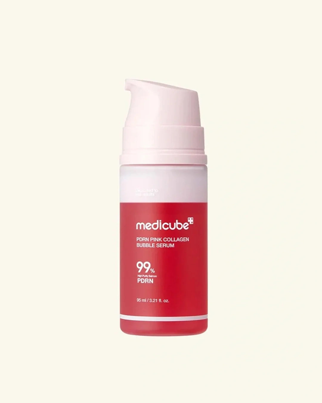 A bottle of medicube Pimp Pink Collagen Bubble Serum with a pink pump dispenser and a red and white label, centered on a light cream background.