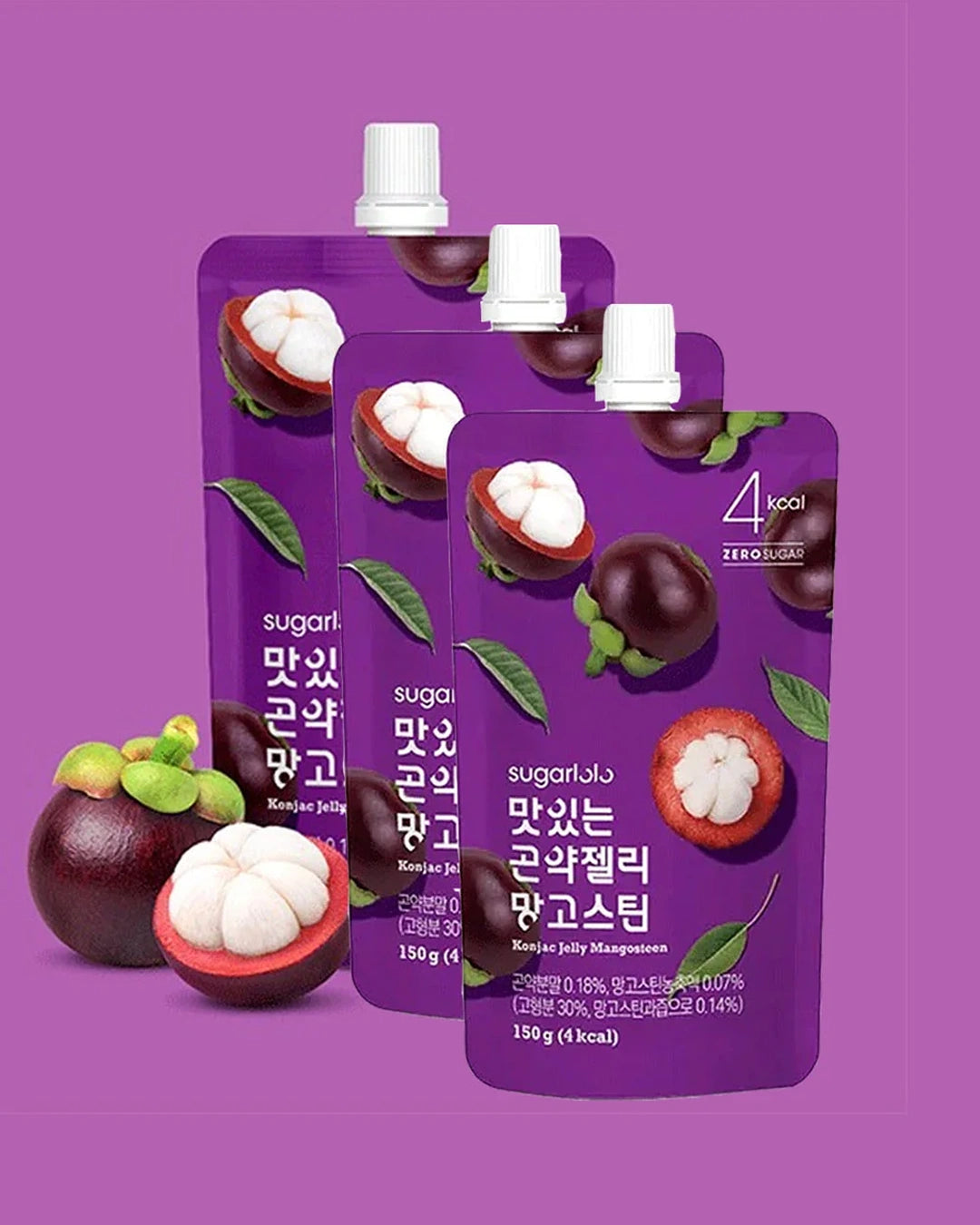 Three stand-up pouches of sugari Korean jelly mango smoothie mix with white caps, arranged in a fan shape on a solid purple background, flanked by fresh mangosteins and green leaves. The pouches are deep purple with white text and illustrations of sliced mangosteins showing white flesh and dark purple skins.