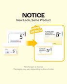 A promotional graphic on a pale yellow background announcing a new look of the numbzun 5+ Conjugated Vitamin Pads. It shows old packaging on the left and a new design on the right with a yellow arrow between them, labeled 'NEW DESIGN'.