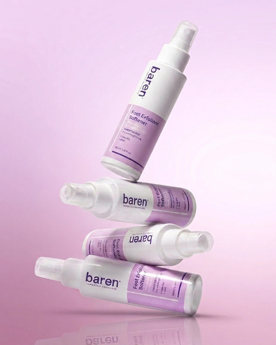 Four Baren personal care spray bottles in white and lavender purple, arranged in a stacked, floating composition on a soft pink-lavender gradient background.