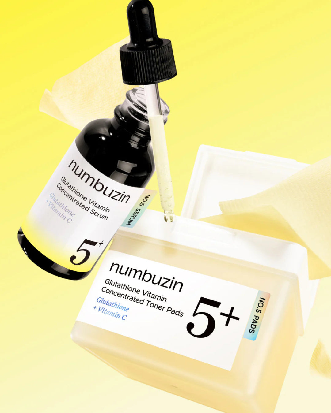 Numbuzin skincare products including serum, toner pads, and towel on a yellow background