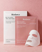 Biodance Bio Collagen Real Deep Mask facial sheet set, featuring a white box, a pink pouch, and a white sheet mask on a textured pink background.