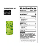 Sugarlolo Konjac Jelly Green Grape flavor pouch shown next to a printed Nutrition Facts label on a plain white background.