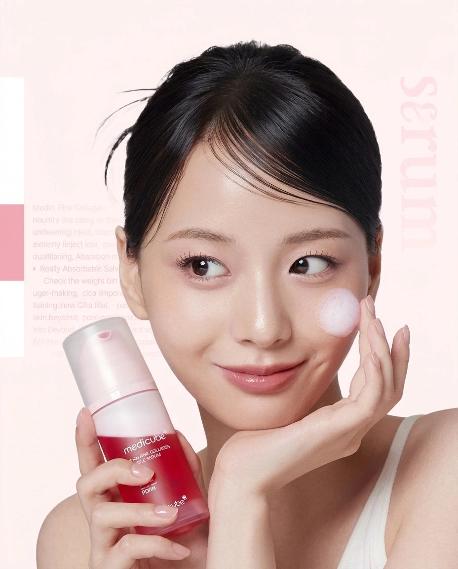 A woman with dark hair pulled back holds a pink and white skincare serum bottle while applying a white cream to her cheek against a soft pink background.