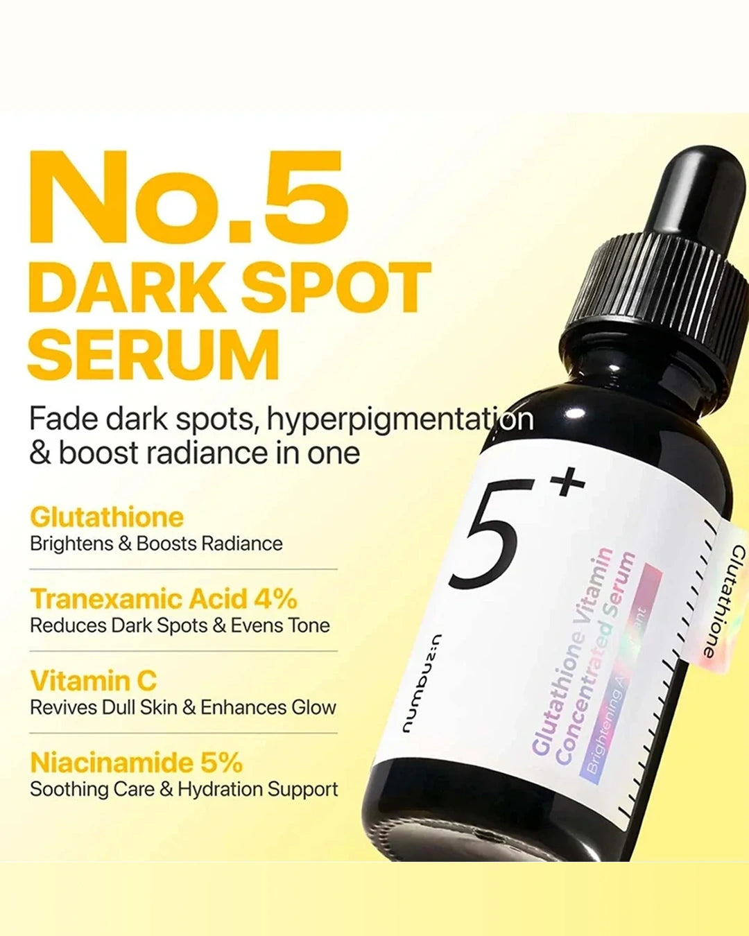 A bottle of Numeniqun No.5 Dark Spot Serum shown on a pale yellow background with promotional text listing key ingredients such as glutathione, tranexamic acid, vitamin C, and niacinamide.