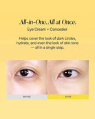 Promotional graphic for an eye cream and concealer set, featuring text on a pale yellow background and a side-by-side before/after close-up of a human eye demonstrating coverage of dark circles and uneven skin tone.