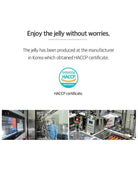 A product information graphic for jelly, featuring text stating 'Enjoy the jelly without worries.' and a description of HACCP certification, with a circular HACCP logo and two small photos of industrial jelly production facilities at the bottom.