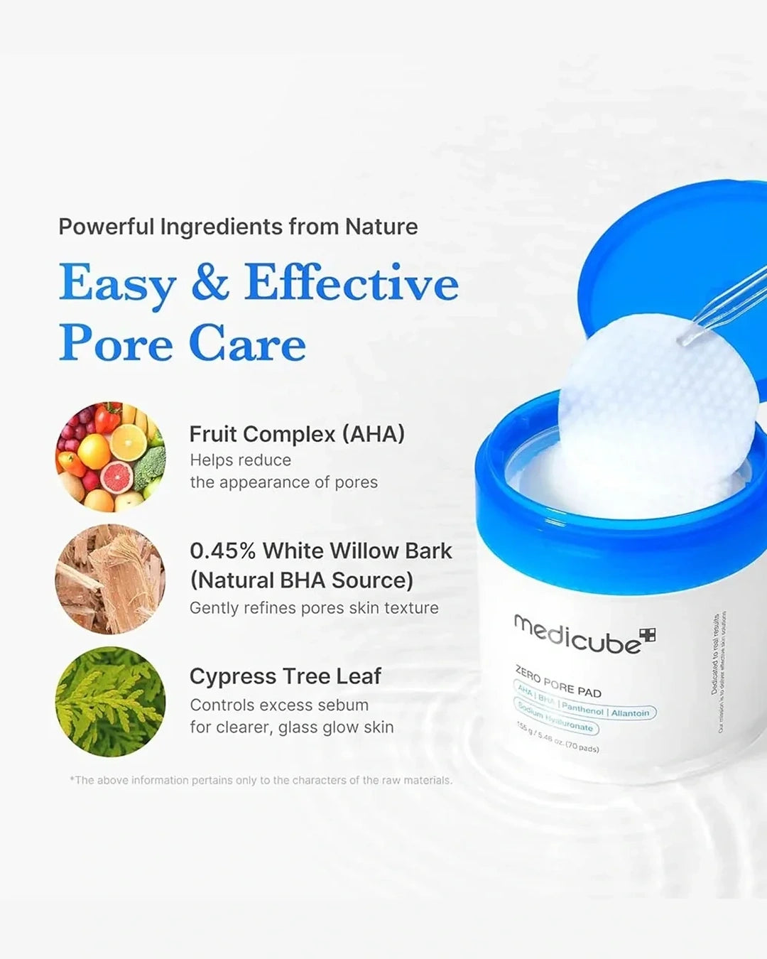 Medicube Zero Shine Pro pore care sheet mask jar with an open blue lid and white mask sheet, shown on a clean white background with ingredient callouts and text about fruit complex, white willow bark, and cypress tree leaf.