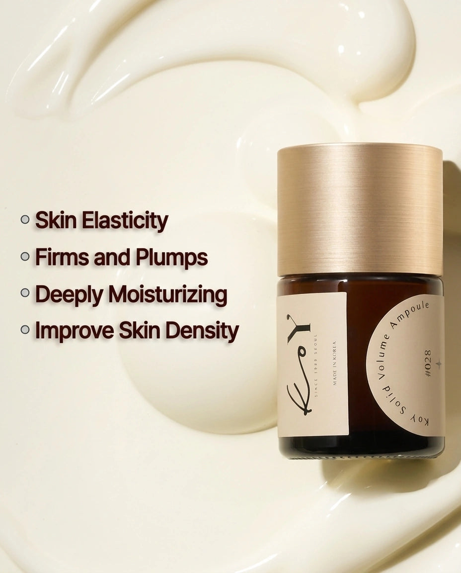 A small cosmetic jar with a metallic gold cap and cream-colored label sits on a glossy white cream background. Text on the left lists benefits: Skin Elasticity, Firms and Plumps, Deeply Moisturizing, Improve Skin Density.