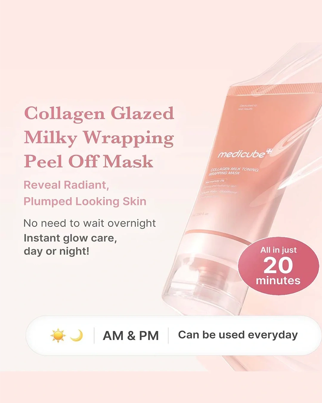 Medicube Collagen Glazed Milky Wrapping Peel Off Mask in a soft peach-pink squeeze tube, shown on a pale pink background with promotional text and a badge reading 'All in just 20 minutes'.
