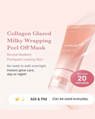 Medicube Collagen Glazed Milky Wrapping Peel Off Mask in a soft peach-pink squeeze tube, shown on a pale pink background with promotional text and a badge reading 'All in just 20 minutes'.