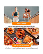 A promotional infographic with two lifestyle photos of women running outdoors, separated by the text 'When To Manage: Hydrate Healthily Before, After, and During Your Diet!'. Below, a food spread shows pizza, fries, onion rings, fried chicken, and a burger with the text 'When You Think Of Carbonation: After Eating Greasy Food, Clean Up With Fermented Carbonation!'.