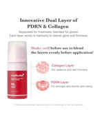 Medicube PDRN & Collagen dual-layer serum bottle shown on a white background with descriptive text and callout graphics explaining the collagen and PDRN layers.