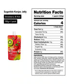 Sugarlofo Konjac Jelly Strawberry & Kiwi flavor pouch shown next to a printed Nutrition Facts label on a white background.