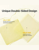 Two pale yellow skincare pads shown on a light cream background with the headline 'Unique Double-Sided Design' and callouts labeling the jelly side and gauze side.