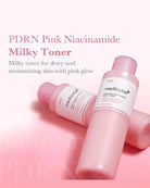 Two pink MediCube skincare bottles labeled 'PDRN Pink Niacinamide Milky Toner' on a soft pink background with product text on the left.