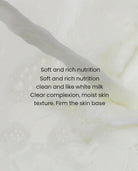 A close-up of creamy white milk or lotion texture with overlaid black text reading 'Soft and rich nutrition' and additional skincare benefits text.