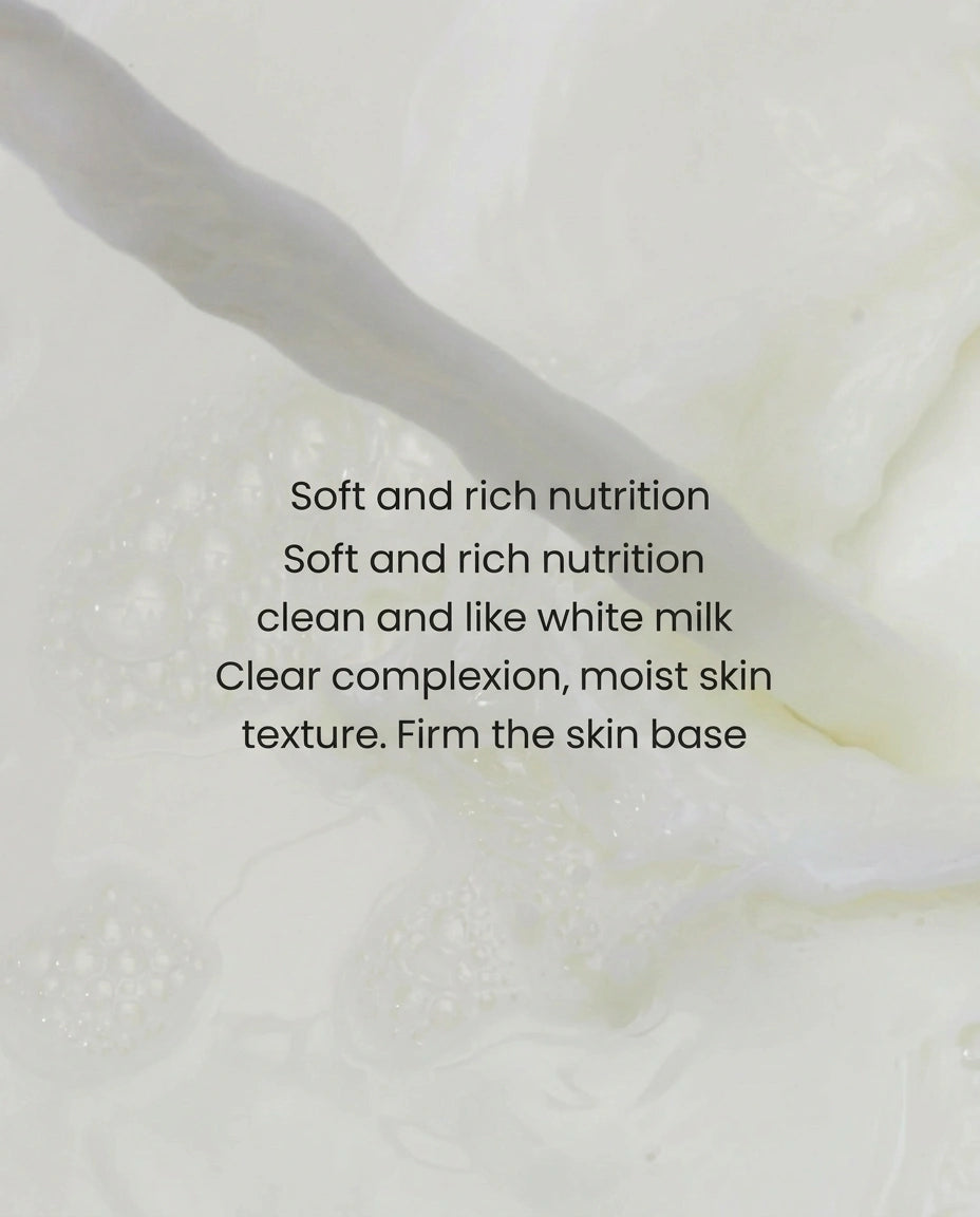 A close-up of creamy white milk or lotion texture with overlaid black text reading 'Soft and rich nutrition' and additional skincare benefits text.