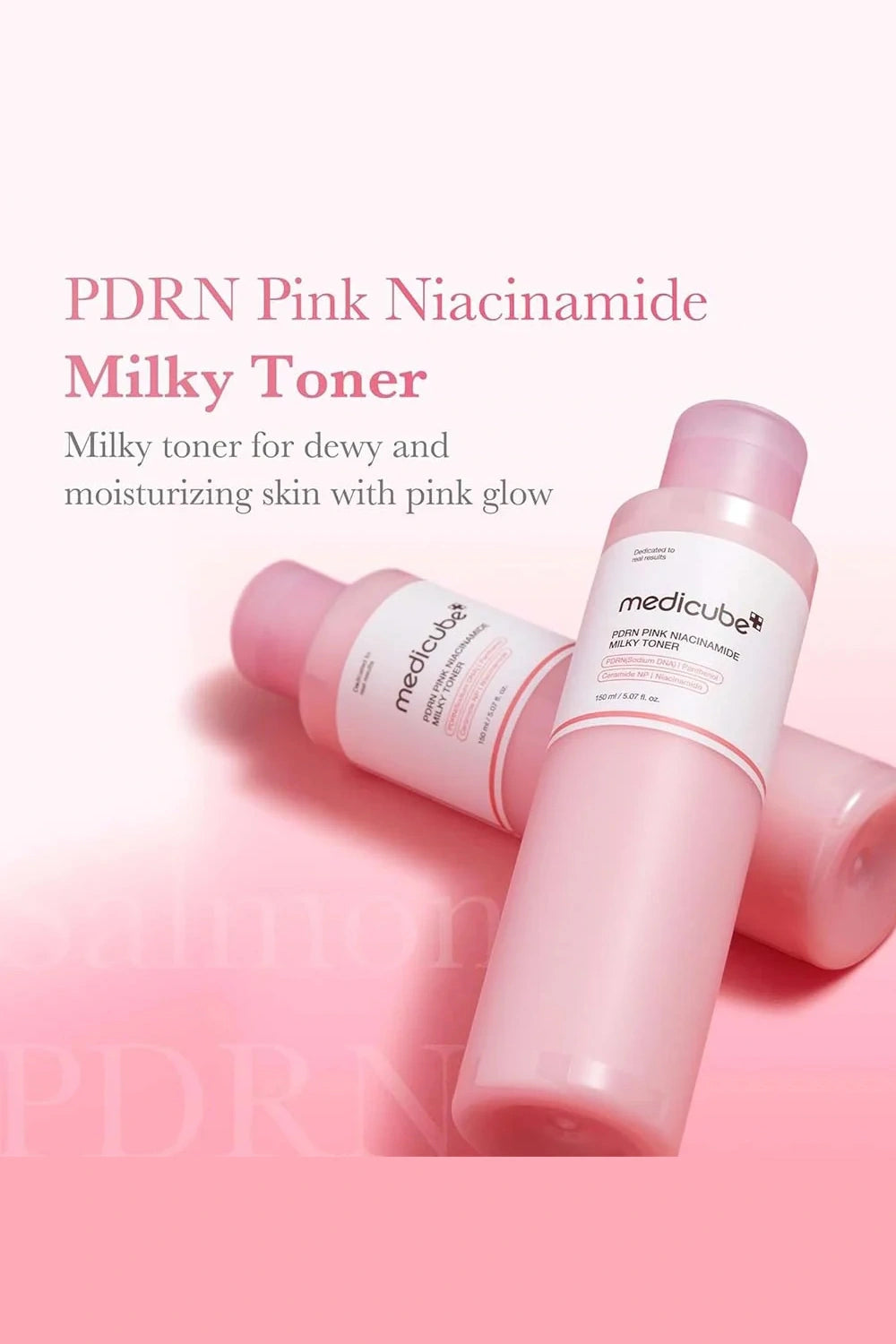 Pink toner bottles with 'medicube' branding on a pink background