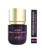 A bottle of Kay's Solid Lifting Volume Ampoule with a metallic gold cap and a dark purple glass body, shown next to a vertical informational label on a white background.