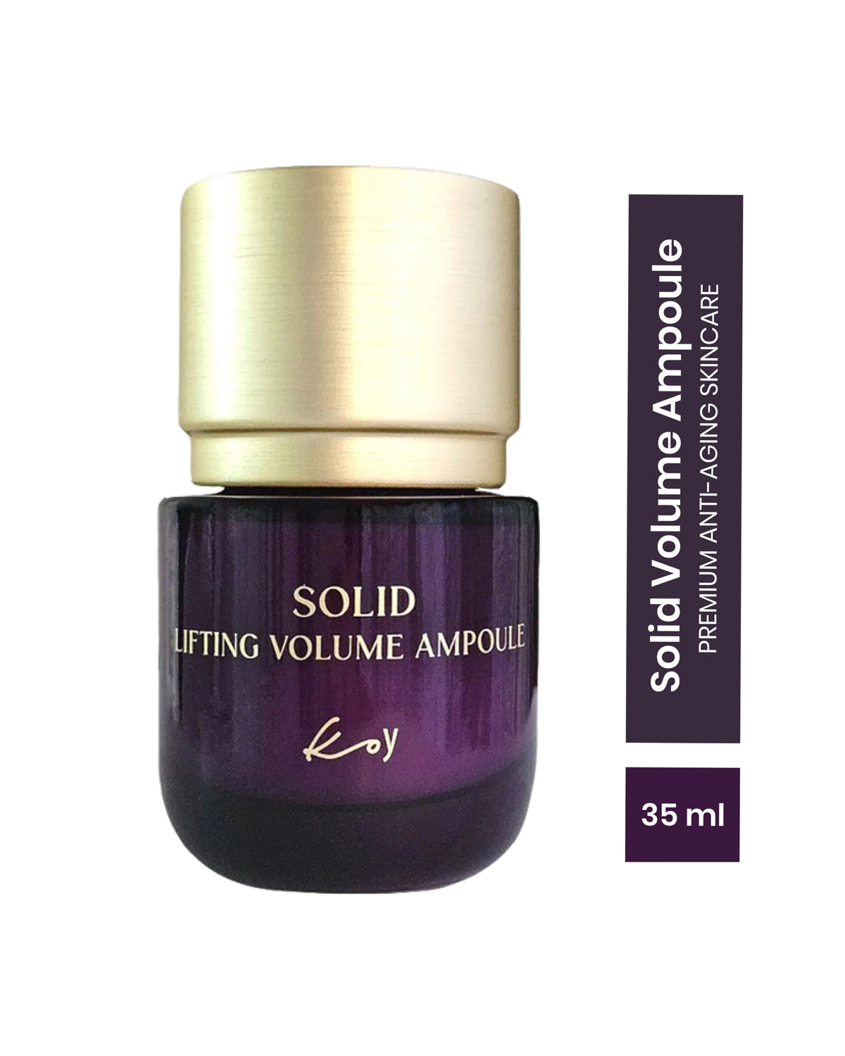 A bottle of Kay's Solid Lifting Volume Ampoule with a metallic gold cap and a dark purple glass body, shown next to a vertical informational label on a white background.