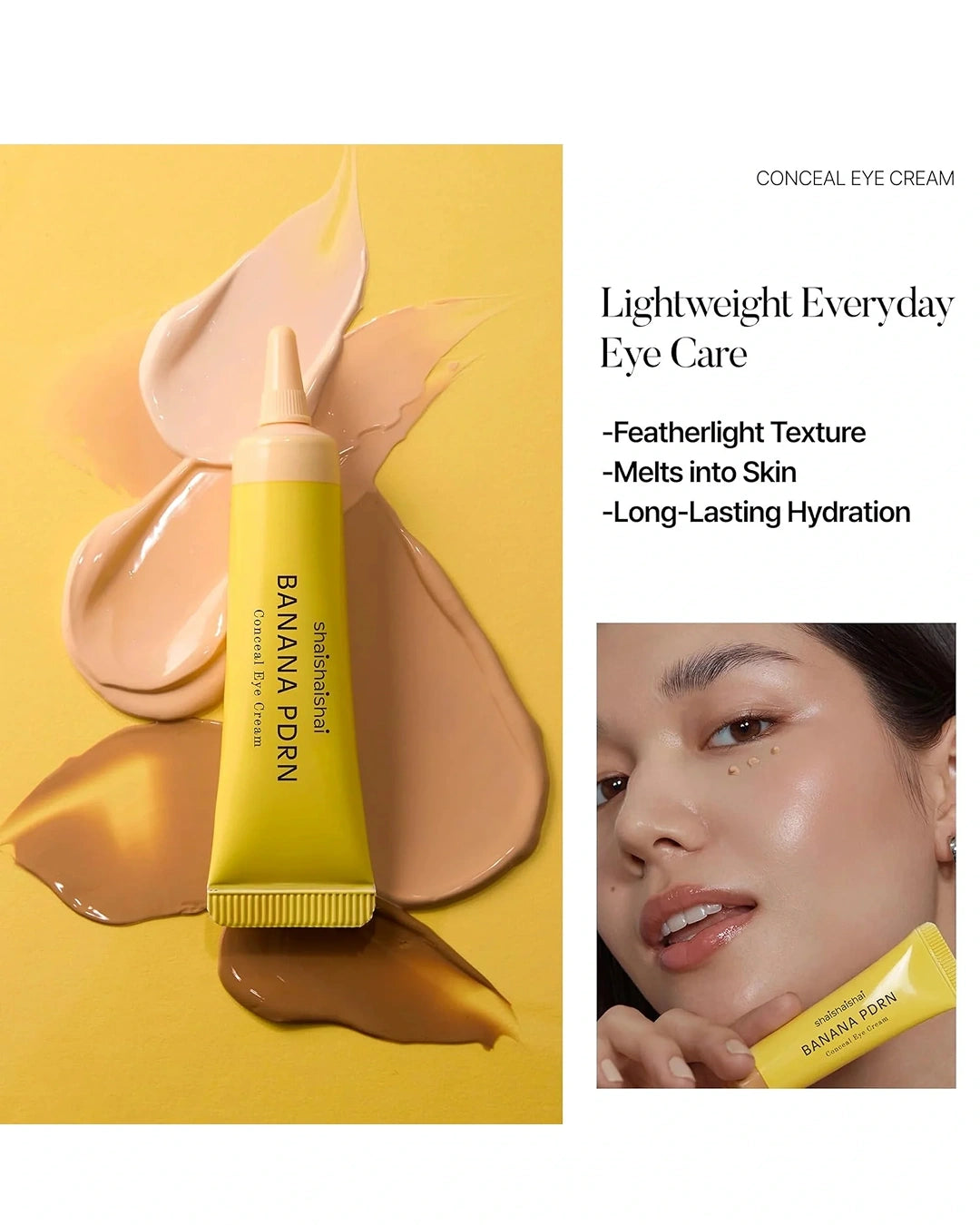 A yellow tube of eyeshadow cream labeled 'pimpochied Banana Purn' is shown on a yellow background with peach-colored cream swatches. Text on the right reads 'CONCEAL EYE CREAM' and 'Lightweight Everyday Eye Care' with bullet points, and a small inset shows a woman holding the tube near her face.