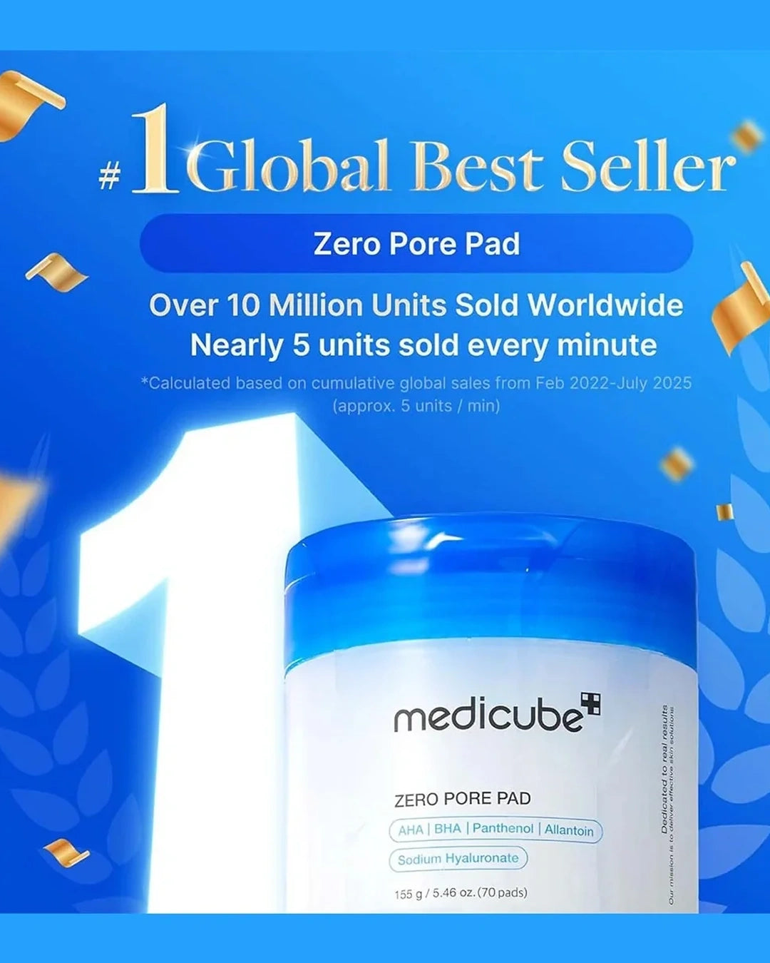 A jar of medicube Zero Pore Pad shown on a bright blue promotional background with text highlighting over 10 million units sold worldwide and gold confetti accents.