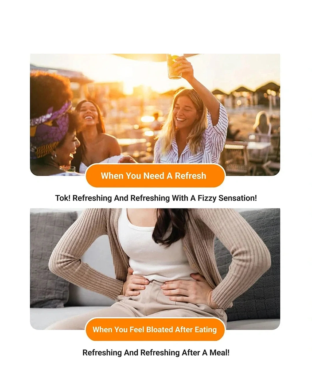 A promotional graphic with two lifestyle photos and text. The top photo shows three women laughing outdoors at sunset, with an orange label reading 'When You Need A Refresh' and black text below.