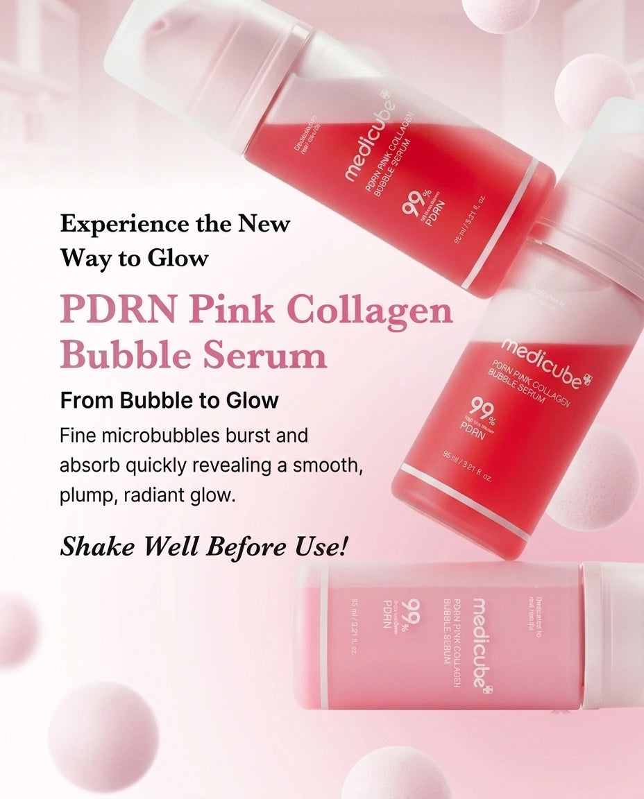 Three bottles of mediclobe PDRN Pink Collagen Bubble Serum arranged diagonally on a soft pink background with floating bubble shapes and promotional text.