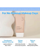 A tube of numbuz-n Porcelain Base Skip Tone Up Beige Primer shown on a light beige background with white decorative shapes. The image includes promotional text overlays describing the product as suitable for 'No-Makeup Makeup Days' and detailing its benefits.
