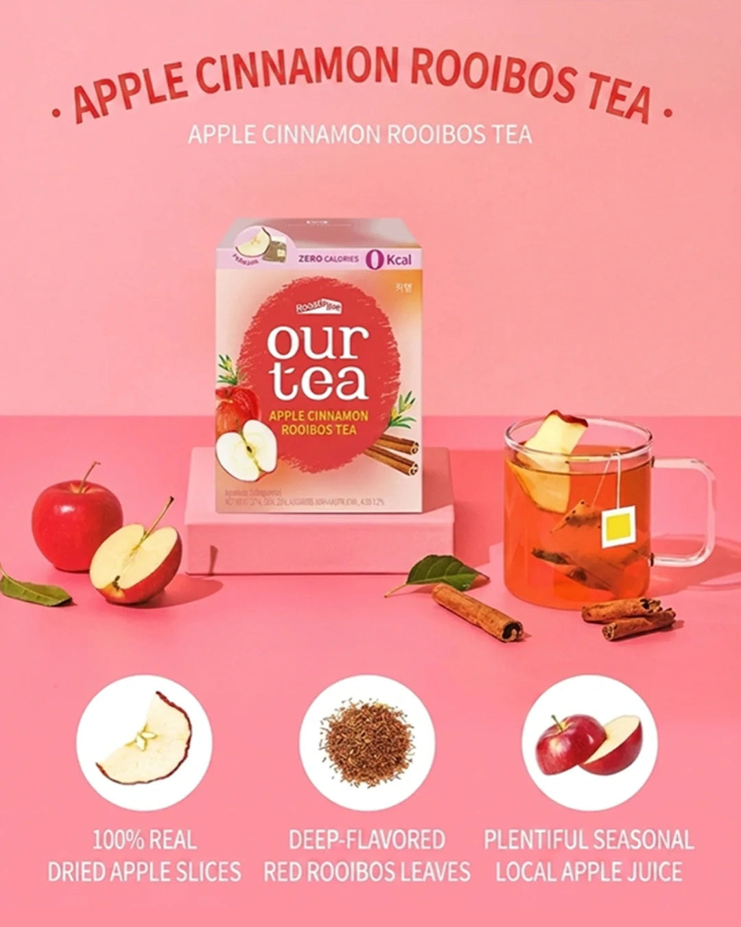 Our Tea Apple Cinnamon Rooibos Tea box displayed on a pink background with a brewed tea mug, whole and sliced apples, cinnamon sticks, and three circular ingredient callouts below.