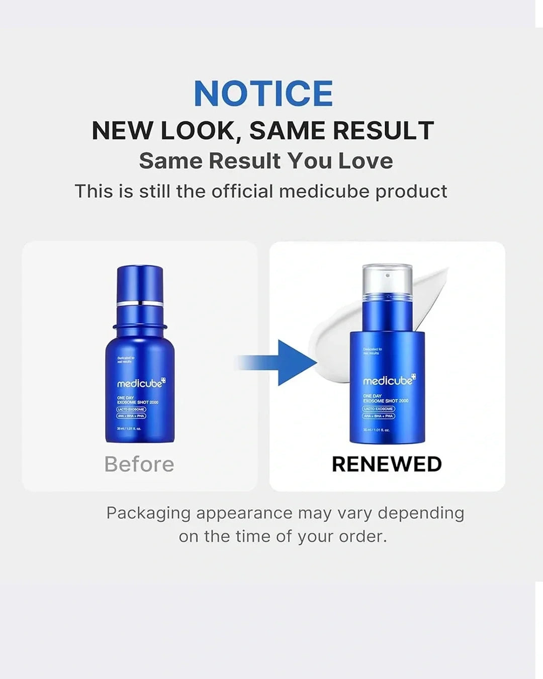 A promotional graphic for a Medicube skincare product showing a blue bottle labeled 'medicube' in a before-and-after style layout. Text at the top reads 'NOTICE NEW LOOK, SAME RESULT Same Result You Love' and says it is still the official medicube product.