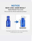 A promotional graphic for a Medicube skincare product showing a blue bottle labeled 'medicube' in a before-and-after style layout. Text at the top reads 'NOTICE NEW LOOK, SAME RESULT Same Result You Love' and says it is still the official medicube product.