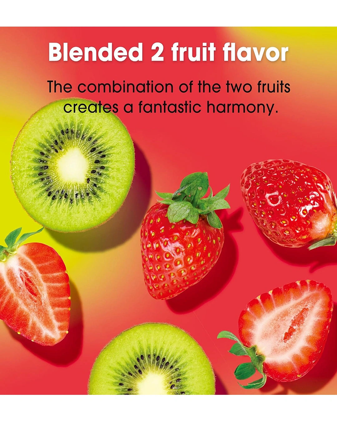 Promotional graphic for a blended fruit flavor, showing strawberries and sliced kiwi on a red-to-yellow gradient background with the text 'Blended 2 fruit flavor' and 'The combination of the two fruits creates a fantastic harmony.'.