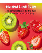 Promotional graphic for a blended fruit flavor, showing strawberries and sliced kiwi on a red-to-yellow gradient background with the text 'Blended 2 fruit flavor' and 'The combination of the two fruits creates a fantastic harmony.'.