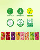 A set of colorful juice pouches lined up at the bottom of the frame, with six green certification and feature icons above them on a pale green gradient background. The icons read 'ONLY 4kcal', 'ZERO SUGAR', 'VEGAN', 'NON GMO', 'GLUTEN FREE', and 'HALAL'.