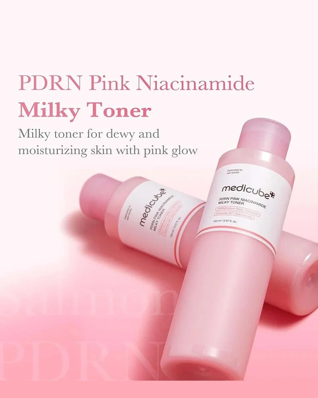 Two pink MediCube skincare bottles labeled 'PDRN Pink Niacinamide Milky Toner' on a soft pink background with product text on the left.