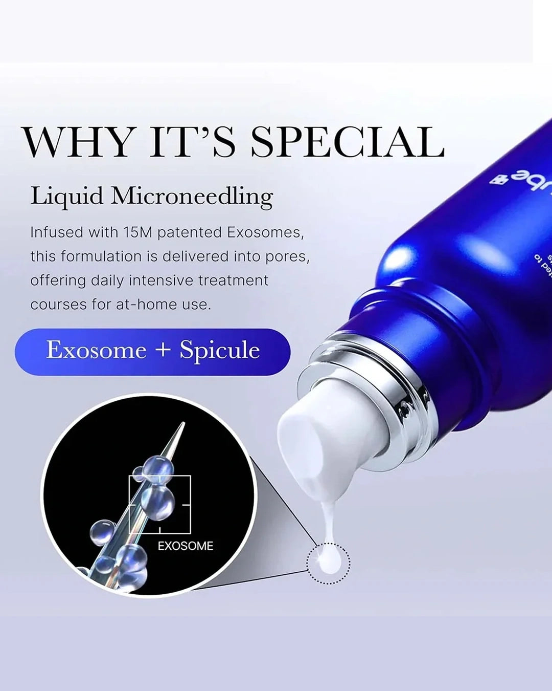 A close-up of a blue cosmetic tube dispensing a white liquid droplet, with marketing text reading 'WHY IT'S SPECIAL' and 'Liquid Microneedling' plus an inset showing exosome delivery.