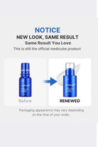 Comparison of medicube product packaging before and after a renewal, with text indicating 'New Look, Same Result'.