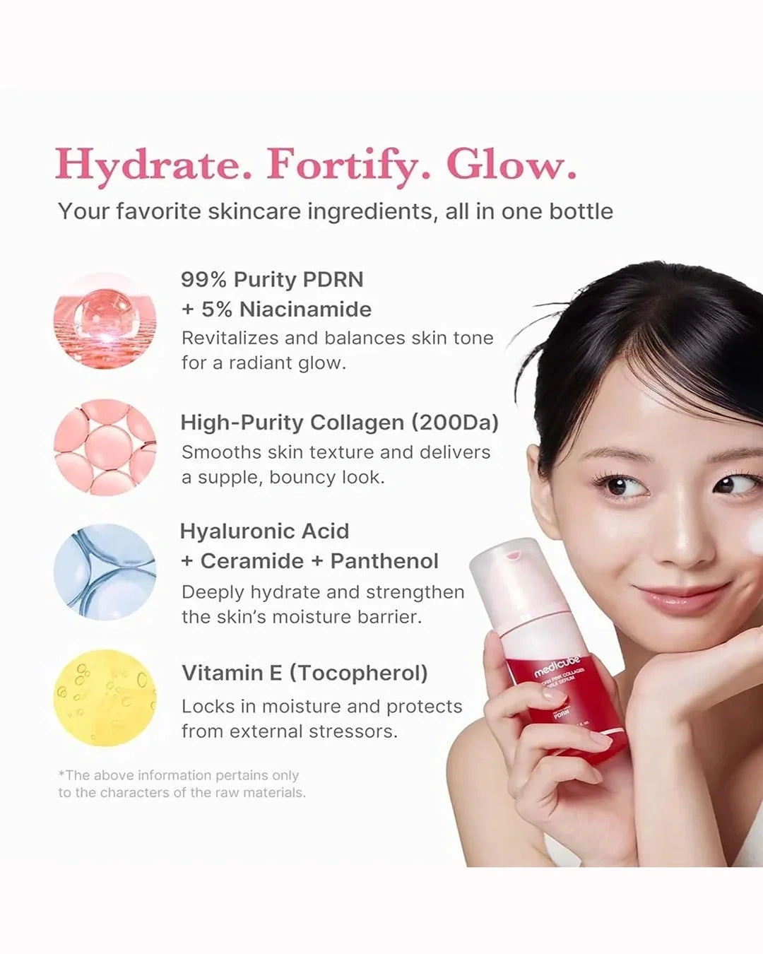 A skincare bottle held by a woman on a light gray background with promotional text. The bottle is red with a white cap, and the ad includes ingredient callouts and a close-up of the woman's face.