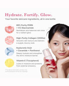A skincare bottle held by a woman on a light gray background with promotional text. The bottle is red with a white cap, and the ad includes ingredient callouts and a close-up of the woman's face.