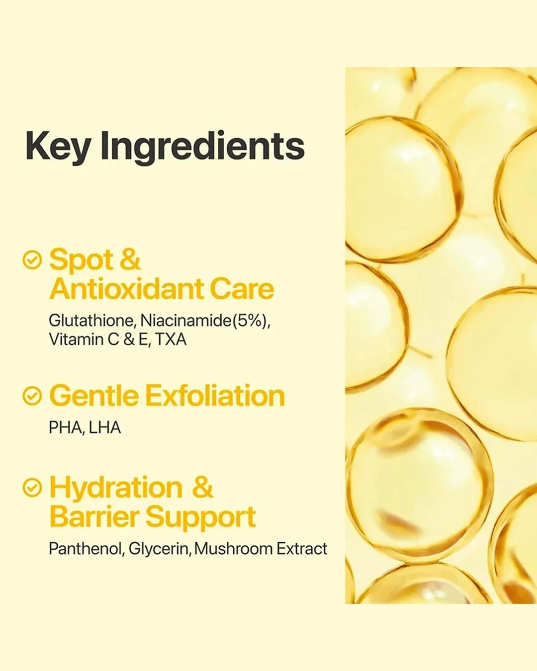 A pale yellow informational graphic with the heading 'Key Ingredients' and three bullet points in dark and yellow text: Spot & Antioxidant Care, Gentle Exfoliation, and Hydration & Barrier Support. The right side shows a close-up of translucent golden-yellow circular capsules or droplets.