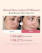 A promotional before-and-after skincare graphic with text reading 'Glazed Glow in Just 20 Minutes! Real Results After One Use,' showing two close-up facial photos labeled Before and After, and increased skin moisture and skin radiance percentages below.